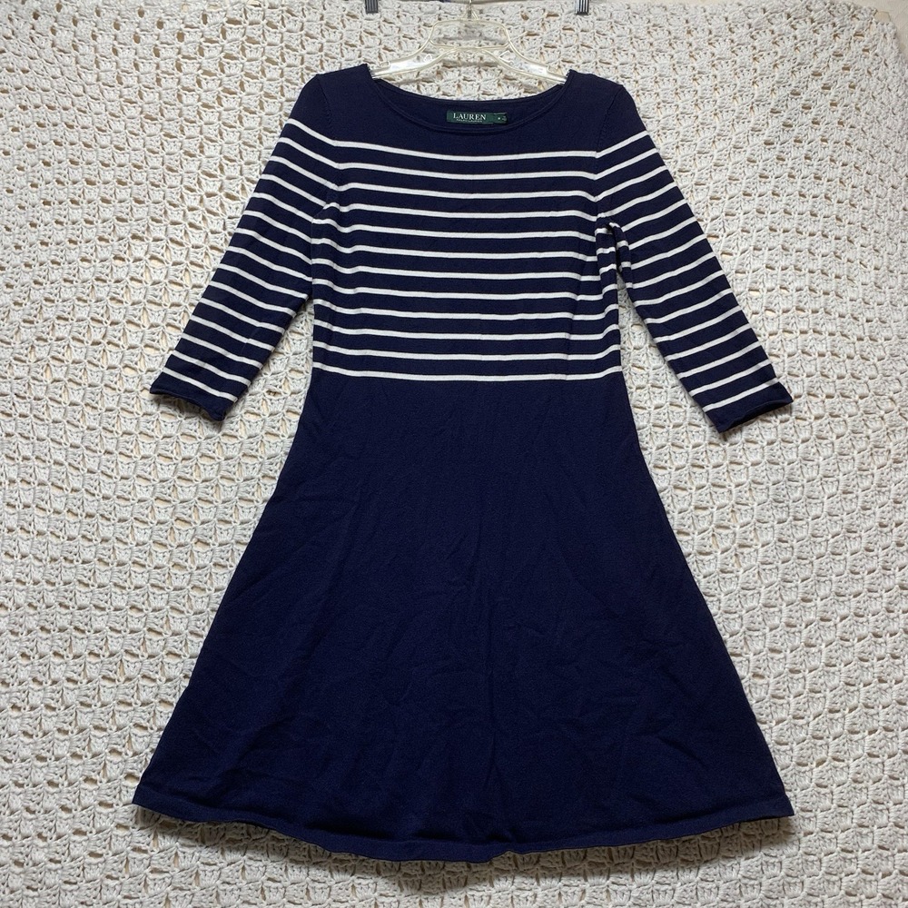 Lauren‎ Ralph Lauren Knit Dress Women Sz M Navy Blue White Striped 3/4 Sleeve